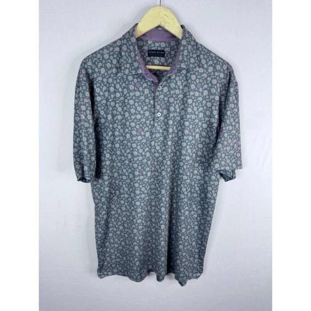 Stony Wilds Mens Floral Golf Polo Shirt Grey Purple Short Sleeve Large